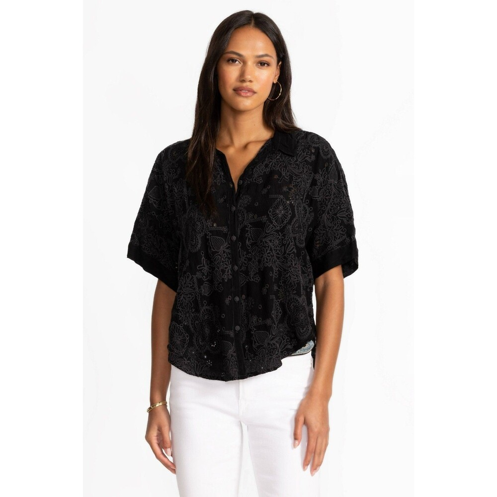 Johnny Was Women The Audrey Blouse Size Extra Large Black Short Sleeve Button Up - Picture 2 of 11
